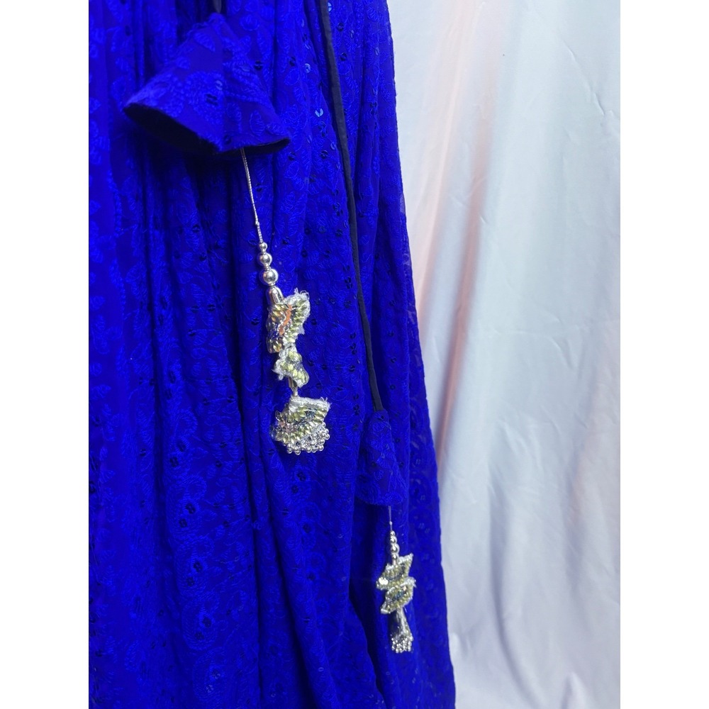 Royal Blue Chikankari Sequin Lehenga Skirt Silver Scalloped Waist Latkan Tassels - Picture 2 of 10